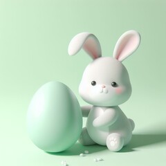 Obraz premium Cute fluffy gray Easter bunny hugs a pastel green egg on a pastel green background. Easter holiday concept in minimalism style. Fashion monochromatic composition. Copy space for design.