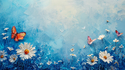 impressionist minimalist painting with few details, an old oil painting of daisies and butterflies under a blue sky, dark white, acrylic art