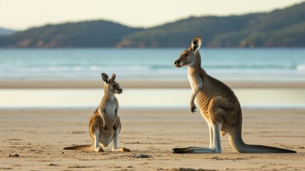 Two Kangaroos on a Pristine Beach with Clear Waters