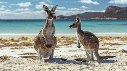 Two Kangaroos on a Pristine Beach with Clear Waters