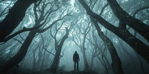 
Man standing in a foggy forest. Image showing ambiguity and uncertainty in an unknown environment. VUCA concept - volatility,uncertainty, complexity and ambiguity