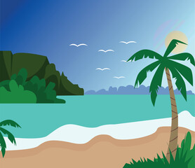 Vector landscape of a tropical beach and palm trees with coconuts. Sunsets and sunrises in the tropics.