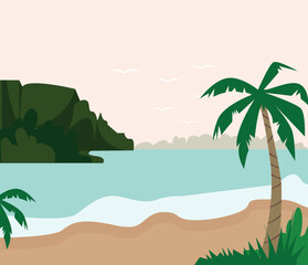 Fototapeta na wymiar Vector landscape of a tropical beach and palm trees with coconuts. Sunsets and sunrises in the tropics.