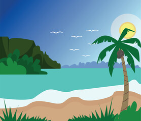 Vector landscape of a tropical beach and palm trees with coconuts. Sunsets and sunrises in the tropics.