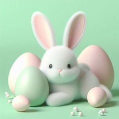 Cute fluffy white Easter bunny is lying among the eggs on a pastel green background. Easter holiday concept in minimalism style. Fashion monochromatic   composition. Copy space for design.