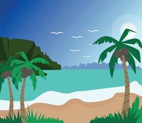 Vector landscape of a tropical beach and palm trees with coconuts. Sunsets and sunrises in the tropics.