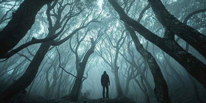 
Man standing in a foggy forest. Image showing ambiguity and uncertainty in an unknown environment. VUCA concept - volatility,uncertainty, complexity and ambiguity