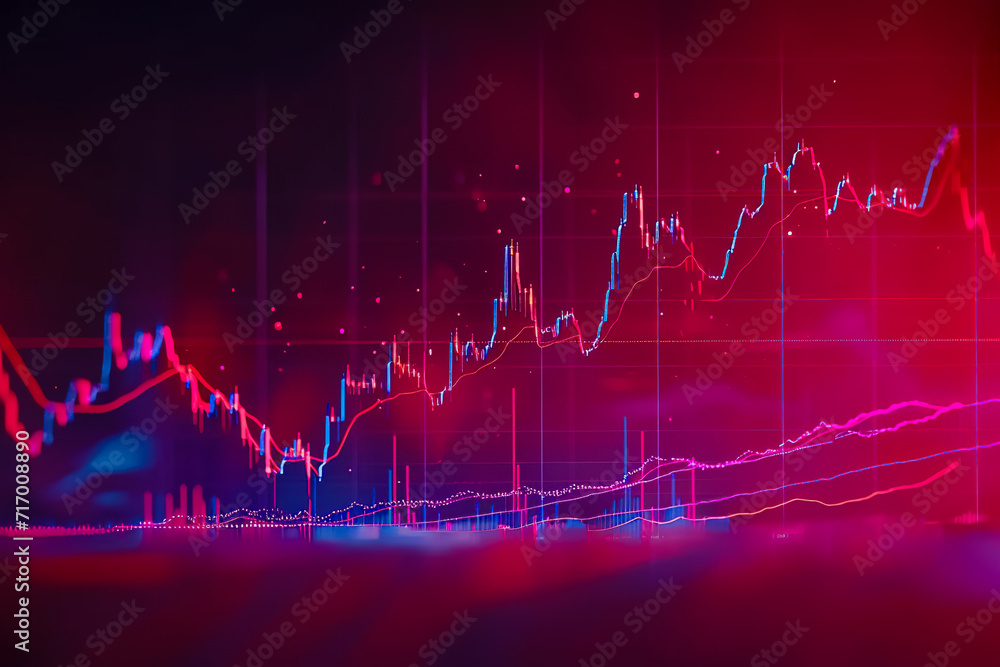 Poster candlestick stock chart with a red background and a blue line.