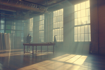 Vintage Office Desk with Sunlight from Large Windows.