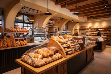 Artisan Bakery Interior with Fresh Bread on Display. - obrazy, fototapety, plakaty
