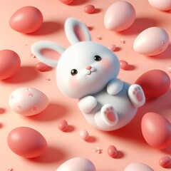 Cute fluffy white Easter bunny is lying among the eggs on a peach fuzz 2024 color background. Easter holiday concept in minimalism style. Fashion monochromatic   composition. Copy space for design.