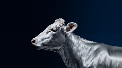 Gemälde einer silbergrauen Kuh vor dunkelblauem Hintergrund. Profil. Illustration