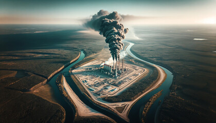 A large factory with smoke pouring out of it's stacks. Concept air pollution and global warming - obrazy, fototapety, plakaty