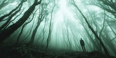 
VUCA concept. Man standing in a foggy forest. Wide-angle shot showing dense, tangled trees to convey ambiguity and uncertainty in an unknown environment. - obrazy, fototapety, plakaty