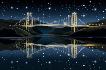 Suspension Bridge at Night with Stars.
