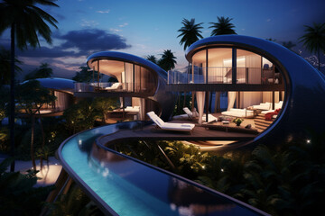Obraz na płótnie Canvas Luxury Modern Villa with Infinity Pool at Night.
