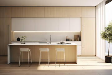 Fototapeta premium Minimalist Modern Kitchen with Wood Accents.