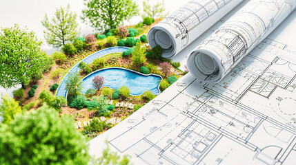Creative Landscape Design: Architect Sketching a Residential Garden Plan with Blueprints