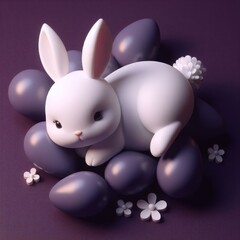 Cute fluffy white Easter bunny is lying among the eggs on a dark purple background. Easter holiday concept in minimalism style. Fashion monochromatic   composition. Copy space for design.