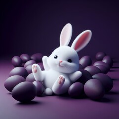 Fototapeta na wymiar Cute fluffy white Easter bunny is lying among the eggs on a dark purple background. Easter holiday concept in minimalism style. Fashion monochromatic composition. Copy space for design.