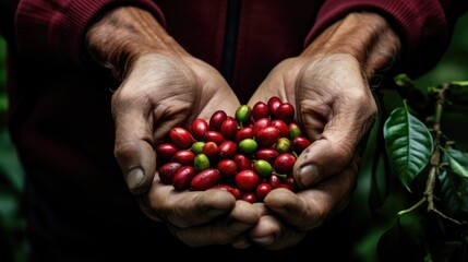 Red coffee berries in hands farmer. organic coffee  arabica and Robusta - obrazy, fototapety, plakaty