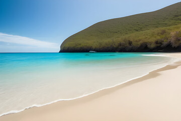 A secluded beach with clear blue water and golden sand