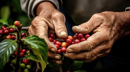 Red coffee berries in hands farmer. organic coffee  arabica and Robusta - obrazy, fototapety, plakaty