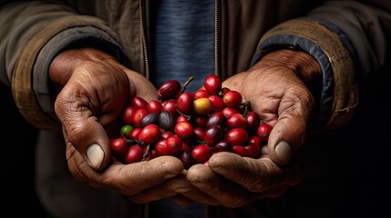 Red coffee berries in hands farmer. organic coffee  arabica and Robusta