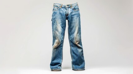 Freestanding Denim Jeans on White Background - obrazy, fototapety, plakaty