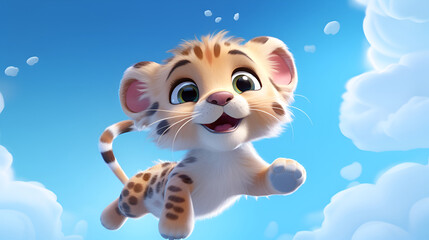 Leopard is a small young beautiful red spotted kitten, smart, with big eyes, cheerful, cartoon character