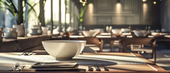 A delicate porcelain bowl sits atop a rustic wooden table, surrounded by elegant serveware and a charming vase, creating a cozy and inviting atmosphere in an indoor kitchen setting - obrazy, fototapety, plakaty