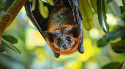 Curious Flying Fox Hanging Upside Down