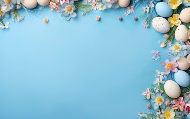 Easter eggs, nests and flowers background