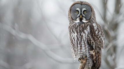 Great Grey Owl Perched in a Snowy Forest