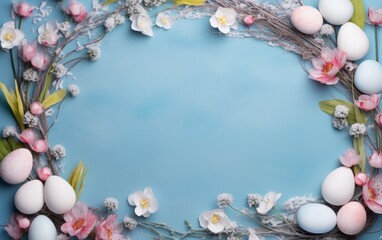 Naklejka na ściany i meble Easter eggs, nests and flowers background