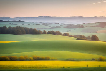 A peaceful countryside with rolling hills and farmland