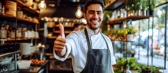 Tuinposter A cheerful man stands proudly in his apron, ready to serve delicious food in his bustling restaurant while holding a bottle of his secret ingredient with a beaming smile on his face © Radomir Jovanovic