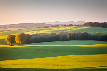 Obraz premium A peaceful countryside with rolling hills and farmland