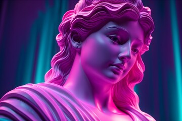 Antique portrait of a sculpture of woman with modern turn and neon colors. 