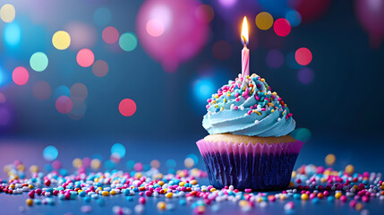 Cupcake With Lit Candle Surrounded by Sprinkles