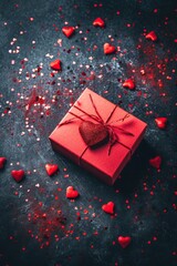 Close up red gift on gray background among heart-shaped confetti with copy space. Valentine's day, romance, love, wedding anniversary concept