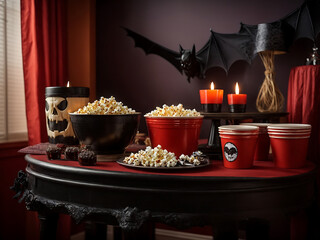 Halloween movie night with friends' side view table adorned with spooky decor, bats, and popcorn boxes for the company against a red wall – perfect for a horror movie marathon design.