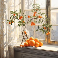 Orange fruit branch planted in vase near window picture ultra HD wallpaper