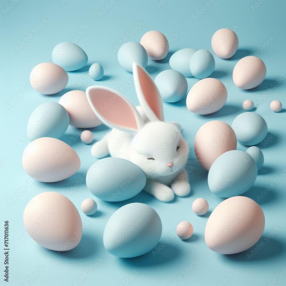 Wall mural Cute fluffy white Easter bunny is lying among the eggs on a pastel blue background. Easter holiday concept in minimalism style. Fashion monochromatic   composition. Copy space for design.