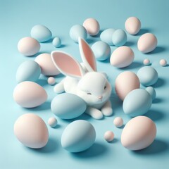 Cute fluffy white Easter bunny is lying among the eggs on a pastel blue background. Easter holiday concept in minimalism style. Fashion monochromatic   composition. Copy space for design.