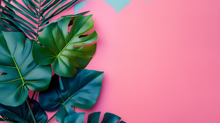 Green Leaves on a Pink and Blue Background