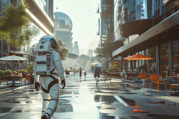 Spaceman human in a space suit walkking in a modern city