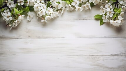 Spring background with white blossoms and white wooden table flooring. Banner with copy space
