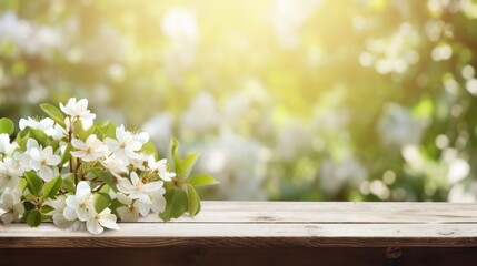 Spring background with white blossoms and white wooden table flooring. Banner with copy space