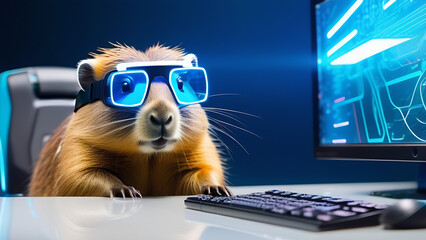 Capybara in gamer glasses works on the computer  - obrazy, fototapety, plakaty